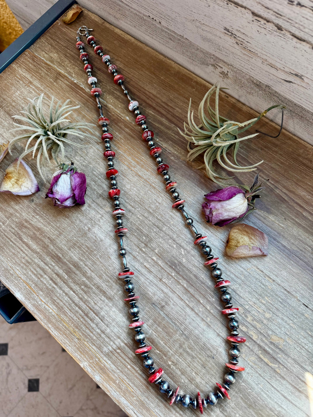 NFR Collection Necklace – Sterling Silver Torpedo Pearls with Red Spiny Oyster – Handmade by The Bijoux FAB – 39