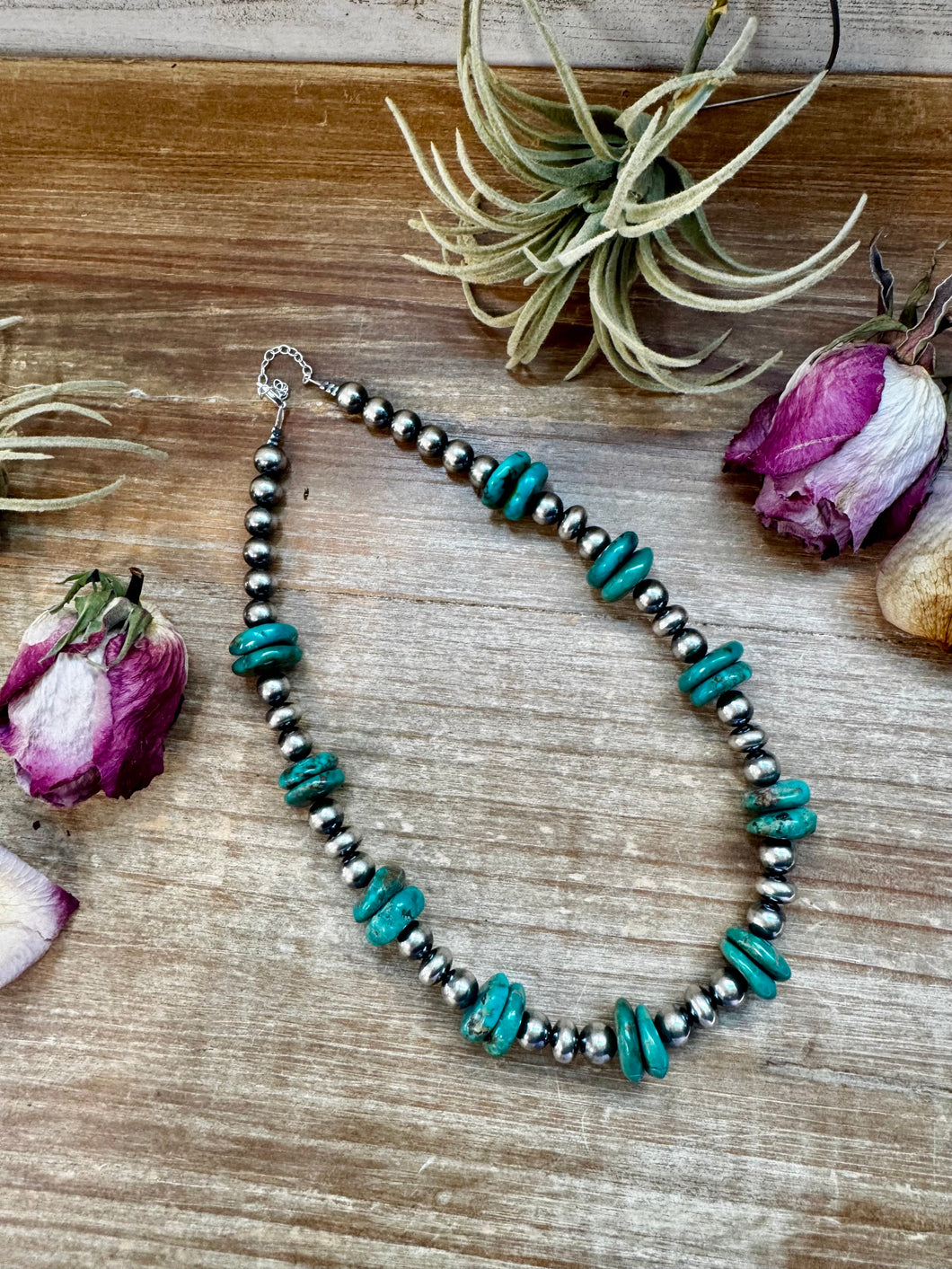 NFR Collection Necklace – 8mm & 10mm Sterling Silver Pearls with 16mm Green Turquoise Rondelle – Handmade by The Bijoux FAB – 16.5