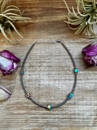 Mixed Turquoise & Spiny Oyster Necklace – 3mm Sterling Silver Pearls