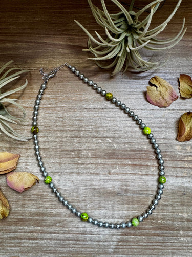 Silver-Plated Chain Necklace – 6mm Beads & 8mm Green Variscite – 18.5