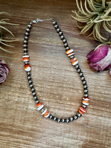 Spiny Oyster & Sterling Silver Pearl Necklace – 8mm – Handmade by The Bijoux FAB – 17.5
