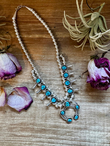 Mini Squash Blossom Necklace & Earrings – Kingman Turquoise – Sterling Silver – Native Made by Lonora Garcia – 17.5