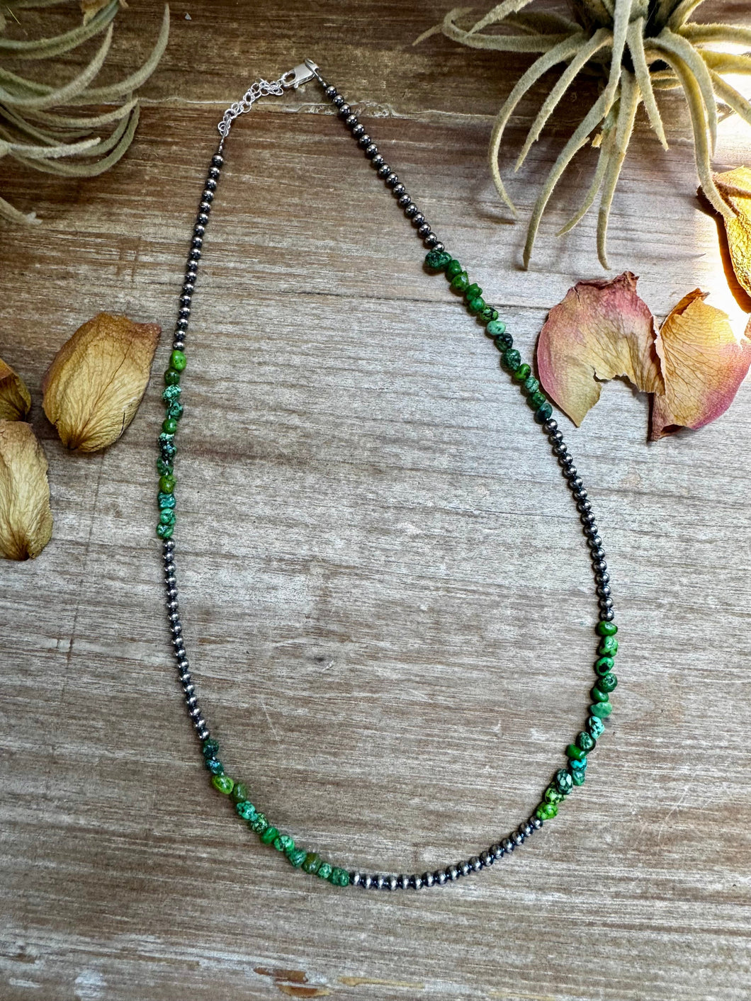 19” Necklace – Sterling Silver Pearls & Bright Green Nugget Turquoise