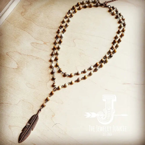 Double Strand Lariat Jasper Necklace w/ Copper Feather