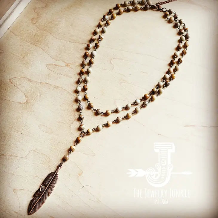 Double Strand Lariat Jasper Necklace w/ Copper Feather