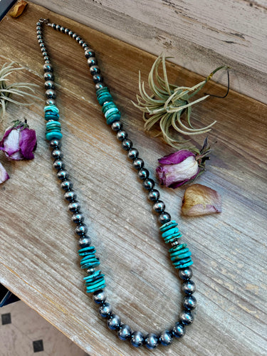 NFR Collection Necklace – 8mm, 10mm & 14mm Sterling Silver Pearls with Turquoise – Handmade by The Bijoux FAB – 37