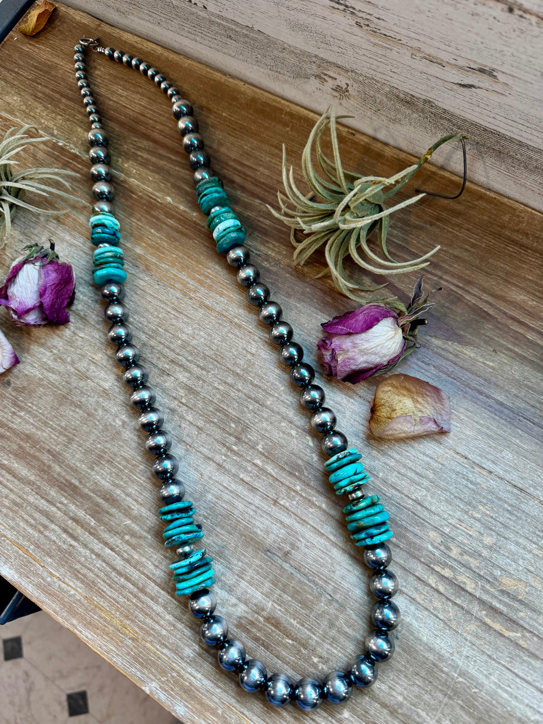 NFR Collection Necklace – 8mm, 10mm & 14mm Sterling Silver Pearls with Turquoise – Handmade by The Bijoux FAB – 37