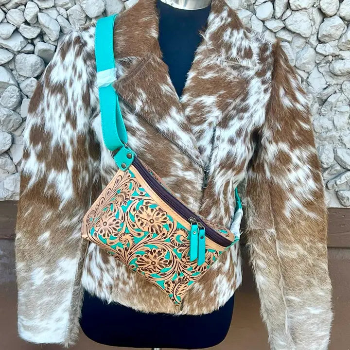 Turquoise Tooled Sling Bag/Fanny