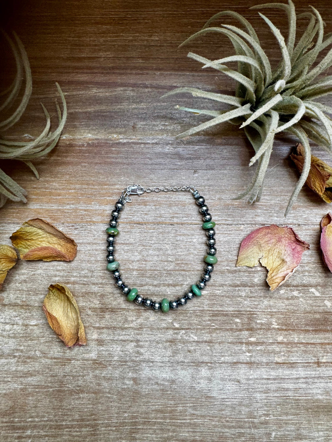 Sterling Silver Pearls with Green Turquoise Rondelles Bracelet