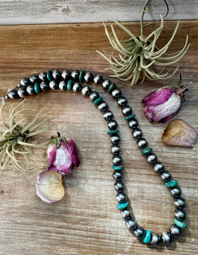 NFR Collection Necklace – 14mm Sterling Silver Pearls with 16mm Green Turquoise Rondelles –  28.5