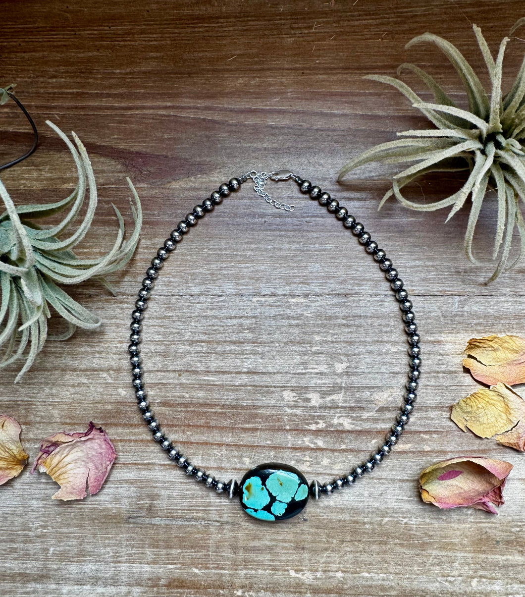 15-Inch Sterling Silver Pearl Necklace with Turquoise – One-of-a-Kind