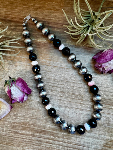 NFR Collection Necklace – 8mm & 16mm Sterling Silver Pearls with Faceted Black Onyx & Pink Conch – Handmade by The Bijoux FAB – 21