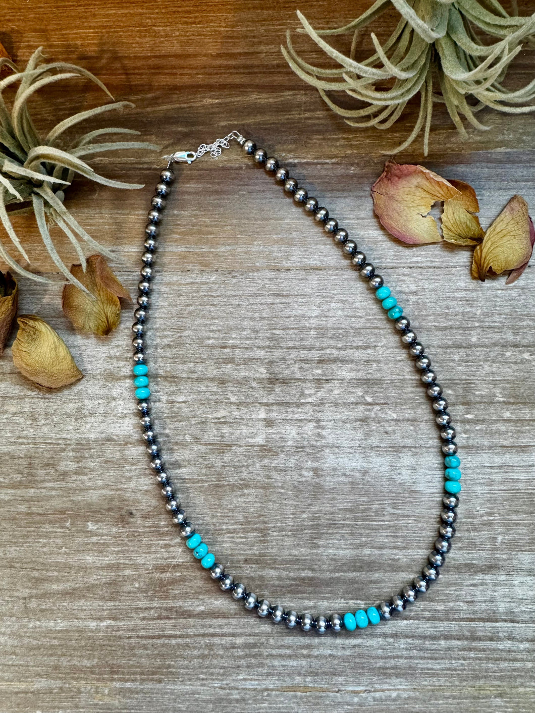 Sterling Silver Pearl & Blue Turquoise Necklace – 19