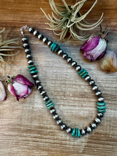 NFR Collection Necklace – 12mm Sterling Silver Pearls with 16mm Green Turquoise Rondelle – Handmade by The Bijoux FAB – 21.5