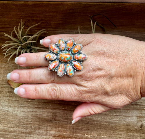 Mojave Spiny & Turquoise Flower Adjustable Ring – Sterling Silver, Made in USA