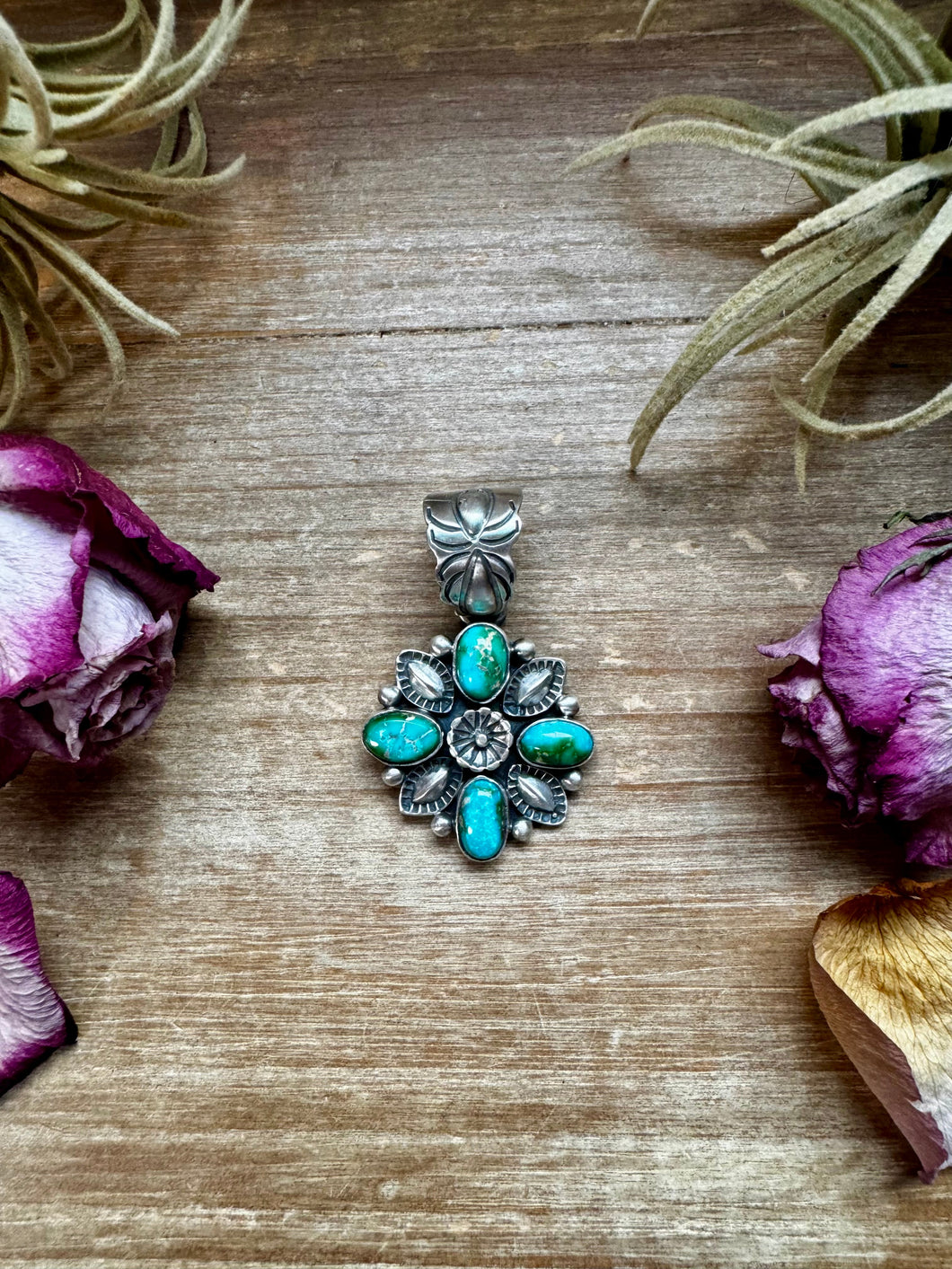 Flower Pendant with Sonoran Gold Turquoise – Sterling Silver – Native Made by Charles Johnson – Fits 10mm