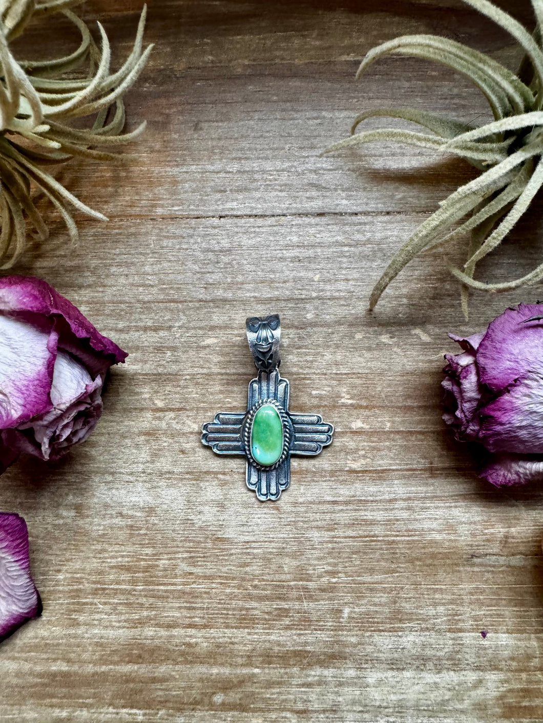 Zia Symbol Pendant with Sonoran Gold Turquoise – Sterling Silver – Native Made by K. Billah – Fits 8mm