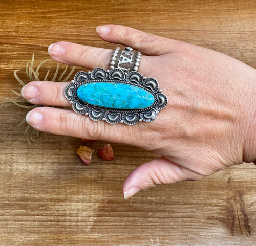 Long Ring- size 9 - Kingman Turquoise ring & Sterling Silver