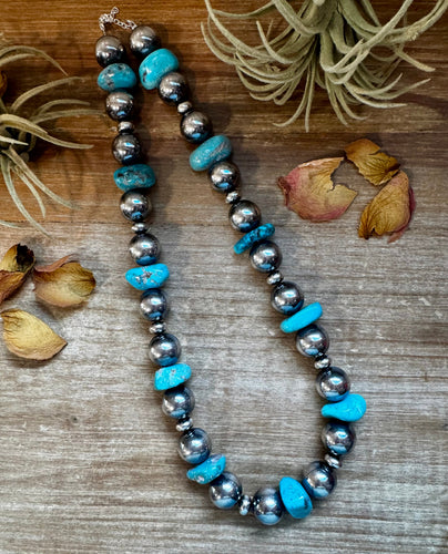 Turquoise Nugget & Sterling Silver Pearl Necklace – 21