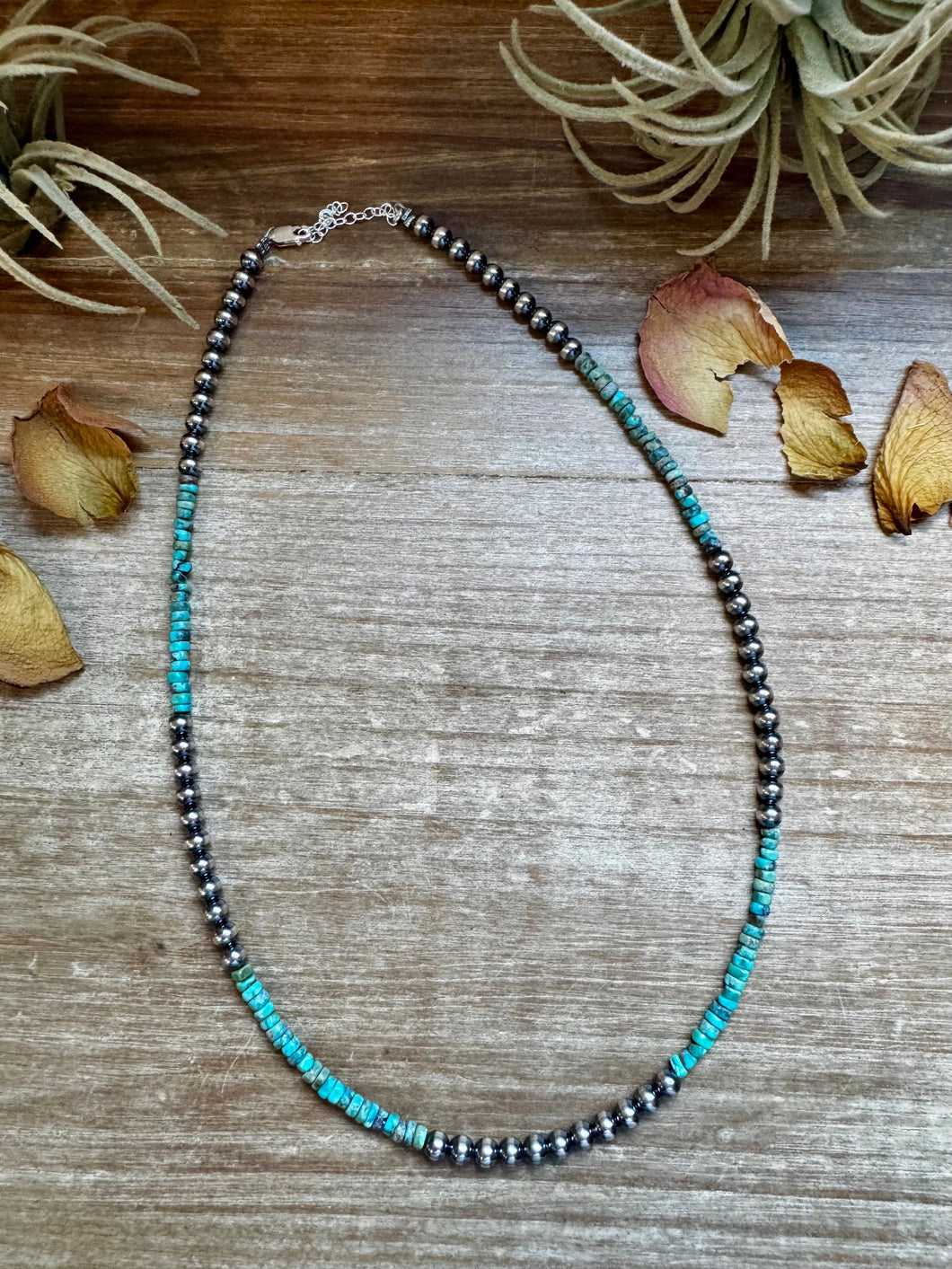 Sterling Silver Pearl & Heishi Turquoise Necklace – 19
