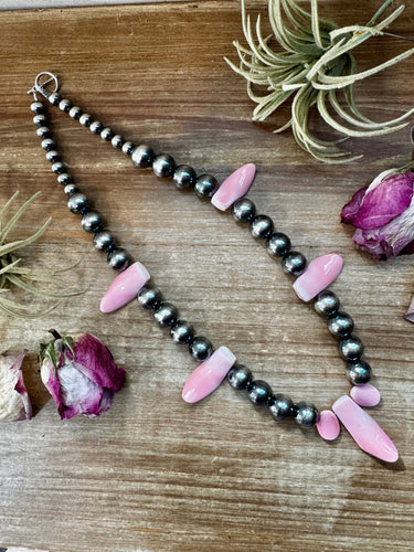 NFR Collection Necklace – 8mm & 14mm Sterling Silver Pearls with Pink Conch Shell – 23