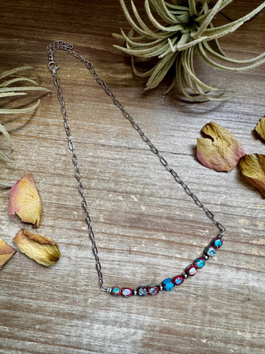 Paperclip Chain Necklace – 4mm Sterling Silver Pearls & Pink-Blue Sea Sediment – 16.5