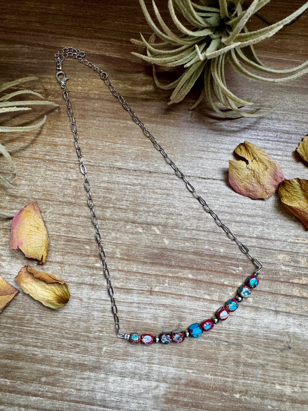 Paperclip Chain Necklace – 4mm Sterling Silver Pearls & Pink-Blue Sea Sediment – 16.5