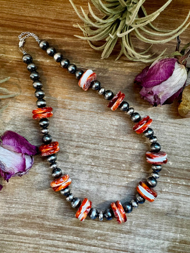 NFR Collection Necklace – 10mm Sterling Silver Pearls with 20mm Red Spiny Oyster – Handmade by The Bijoux FAB – 19