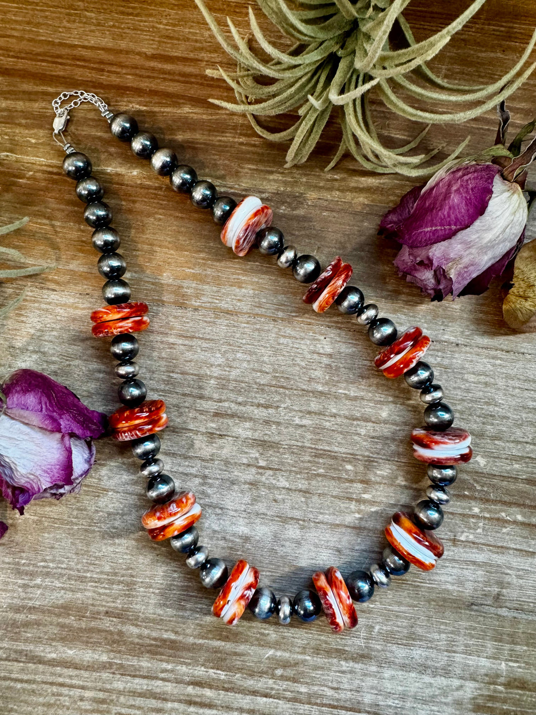 NFR Collection Necklace – 10mm Sterling Silver Pearls with 20mm Red Spiny Oyster – Handmade by The Bijoux FAB – 19