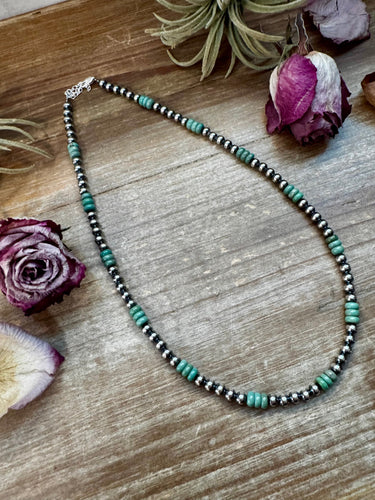 Green Turquoise & Sterling Silver Pearl Necklace – 5mm – Handmade by The Bijoux FAB – 19