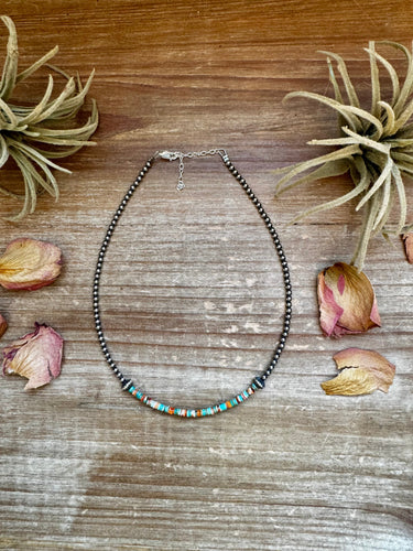 Sterling Silver Pearl Choker with Turquoise & Spiny Oyster Heishi