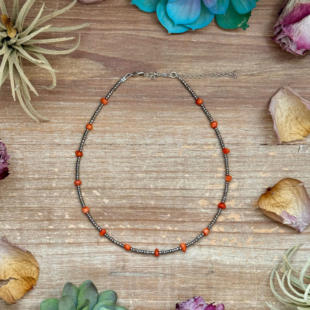 Antique Silver Seed Bead & Dyed Red Coral Choker – 14”