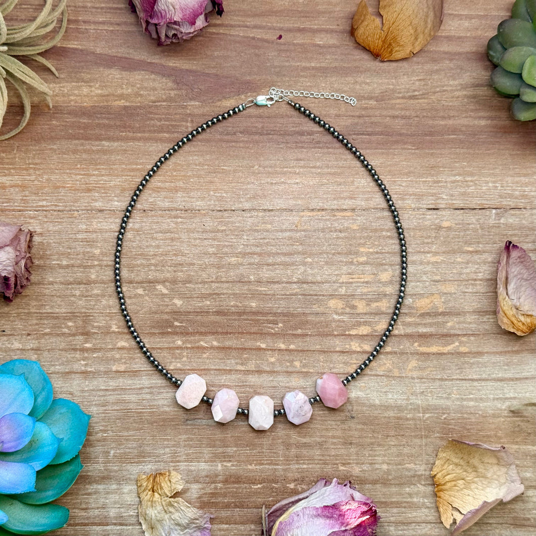 Pink Opal & 3mm Sterling Silver Pearl Necklace