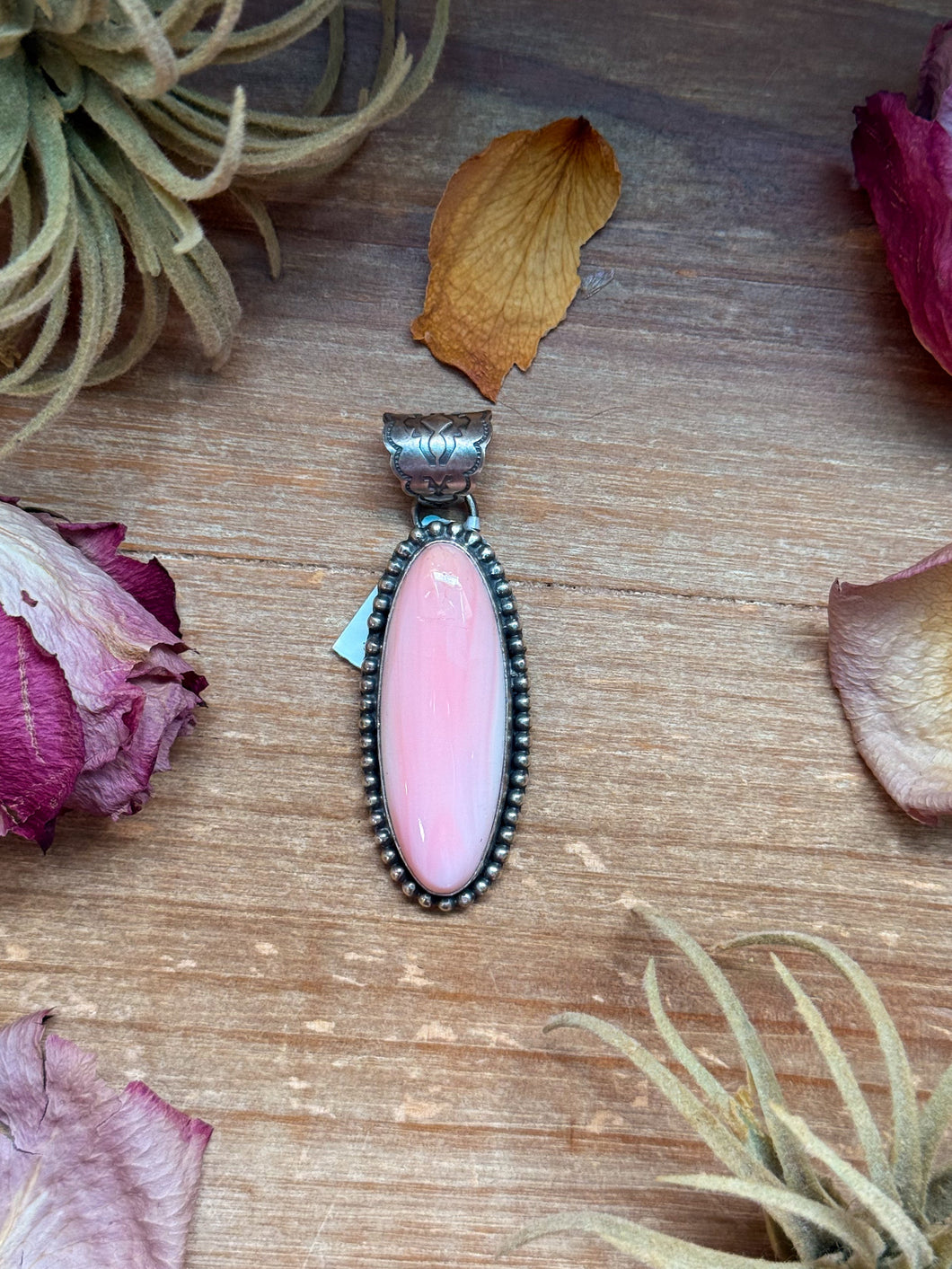 Pink Conch Shell Sterling Silver Pendant – Long Oval – Stamped NED NEZ