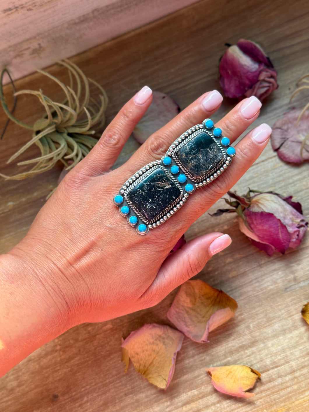 Black Jack & Kingman Turquoise Sterling Silver Statement Ring – Adjustable