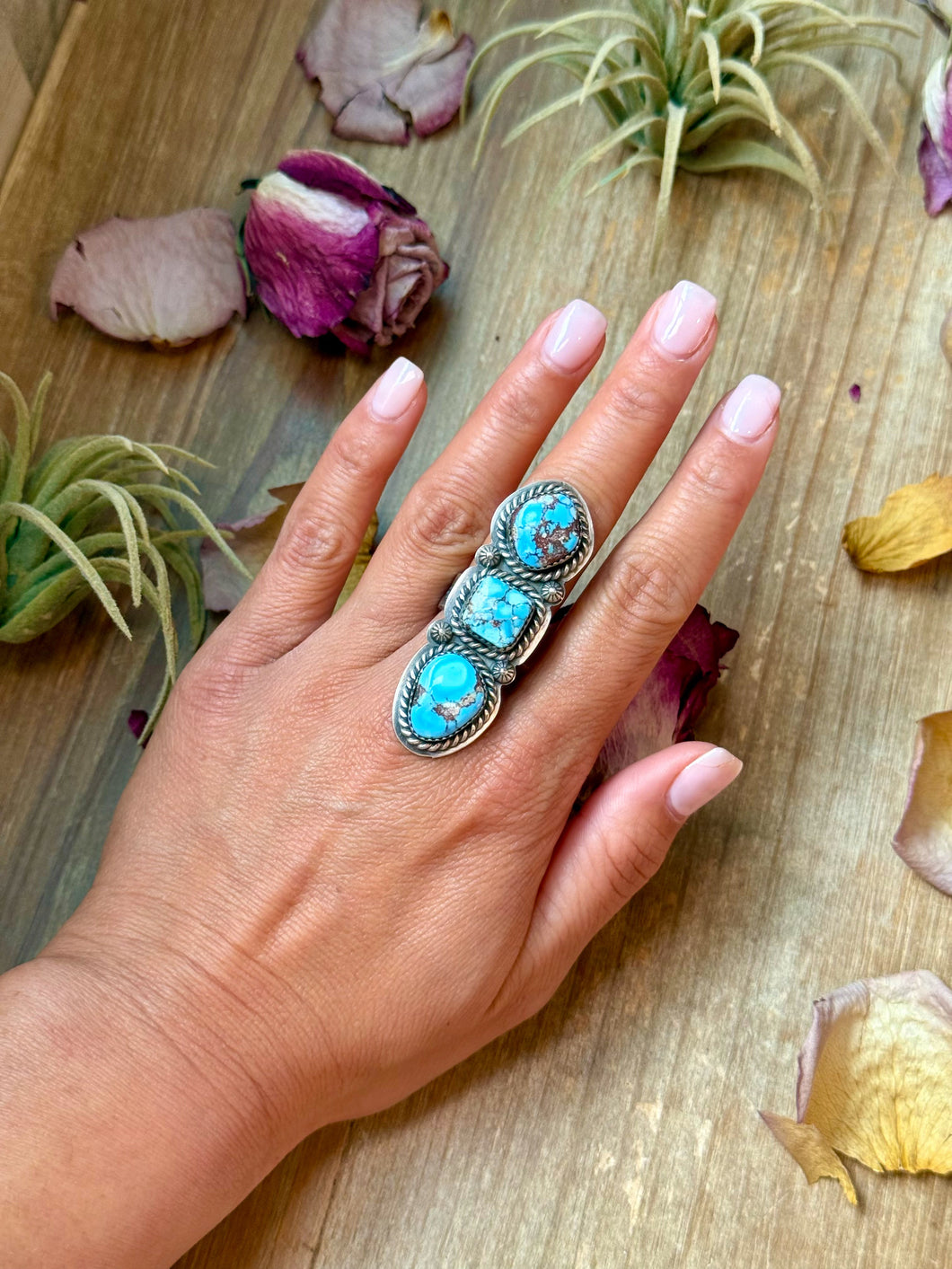 3-Stone Golden Hills Turquoise Sterling Silver Ring – Adjustable