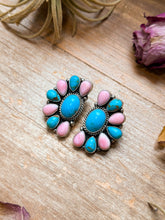 Sterling Silver Pink Conch & Kingman Turquoise Half Cluster Earrings – Native Made by E. Richards (Navajo Artist)