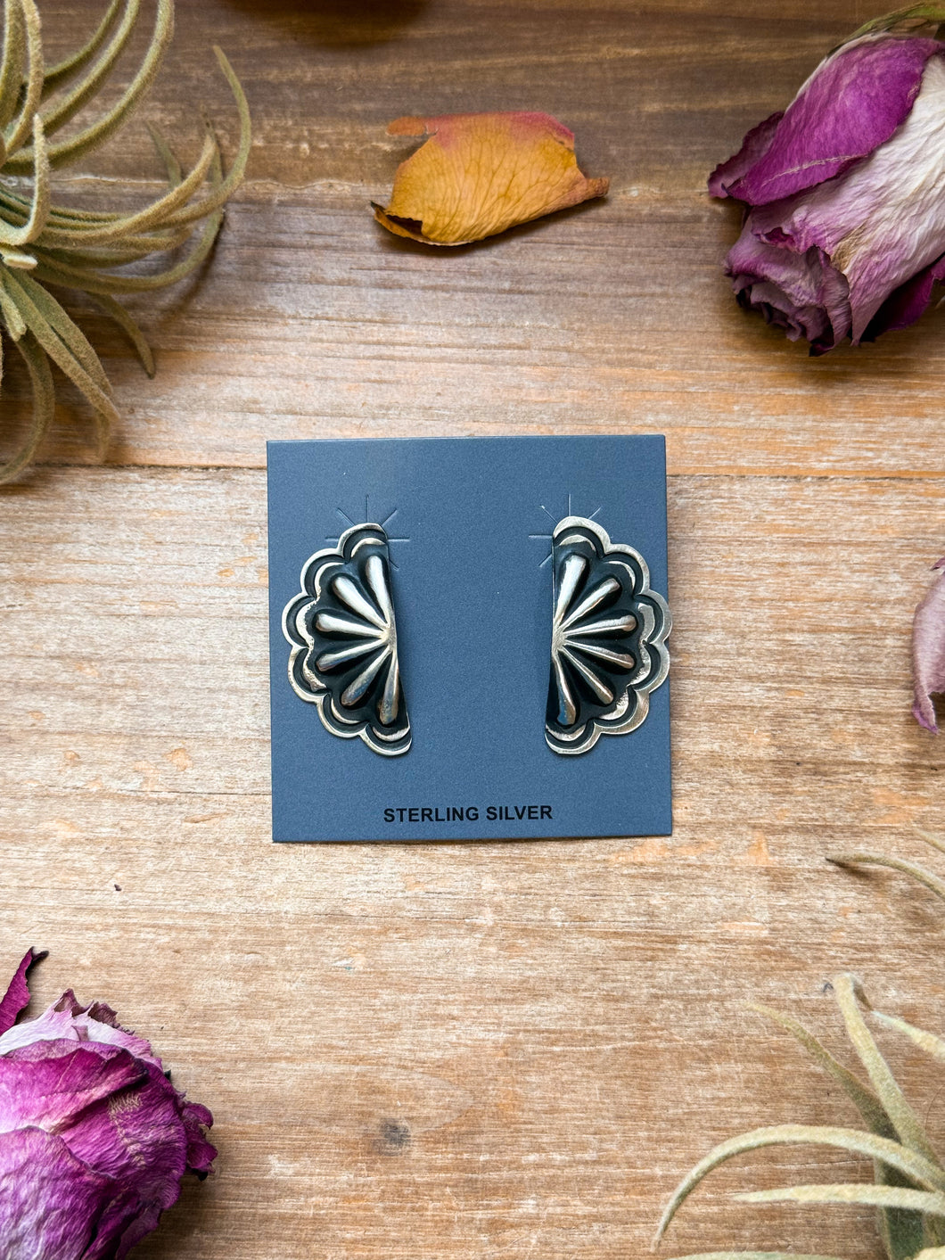 Sterling Silver Half Cluster Concho Earrings – Native Made by L. Tahe (Navajo Artist)