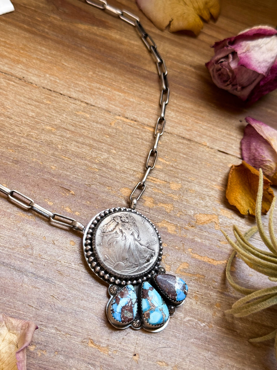 Sterling Silver Liberty Coin Necklace with Golden Hill Turquoise – 16” – 1945 Coin