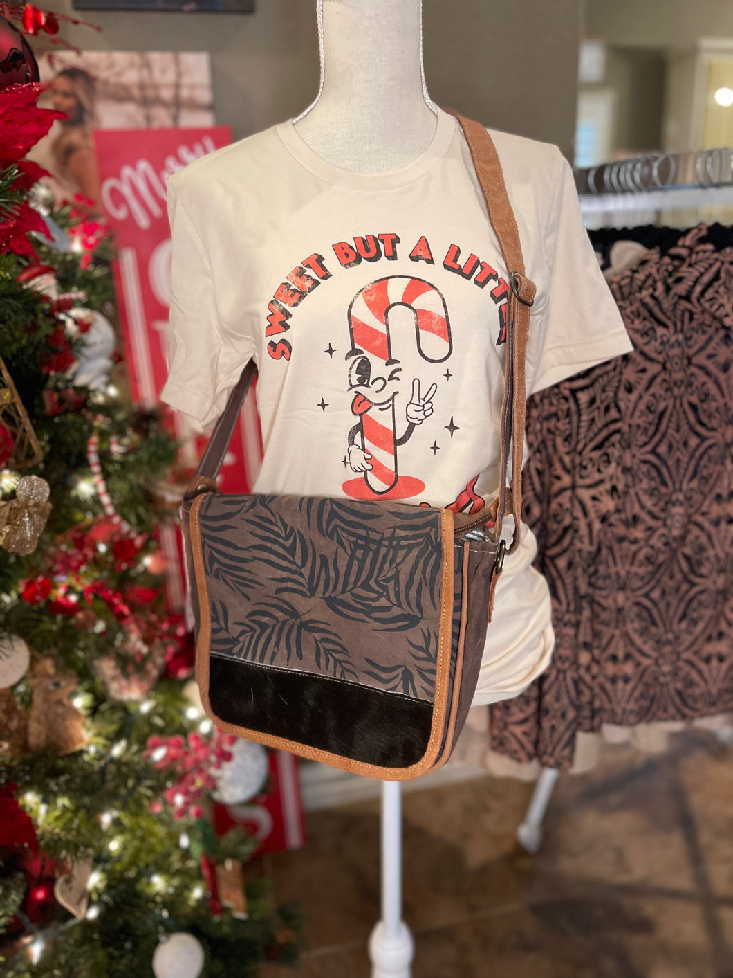 Tropical leaves with Cowhide Crossbody