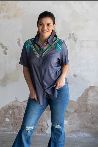 Dark Chambray With Teal Serape Yoke