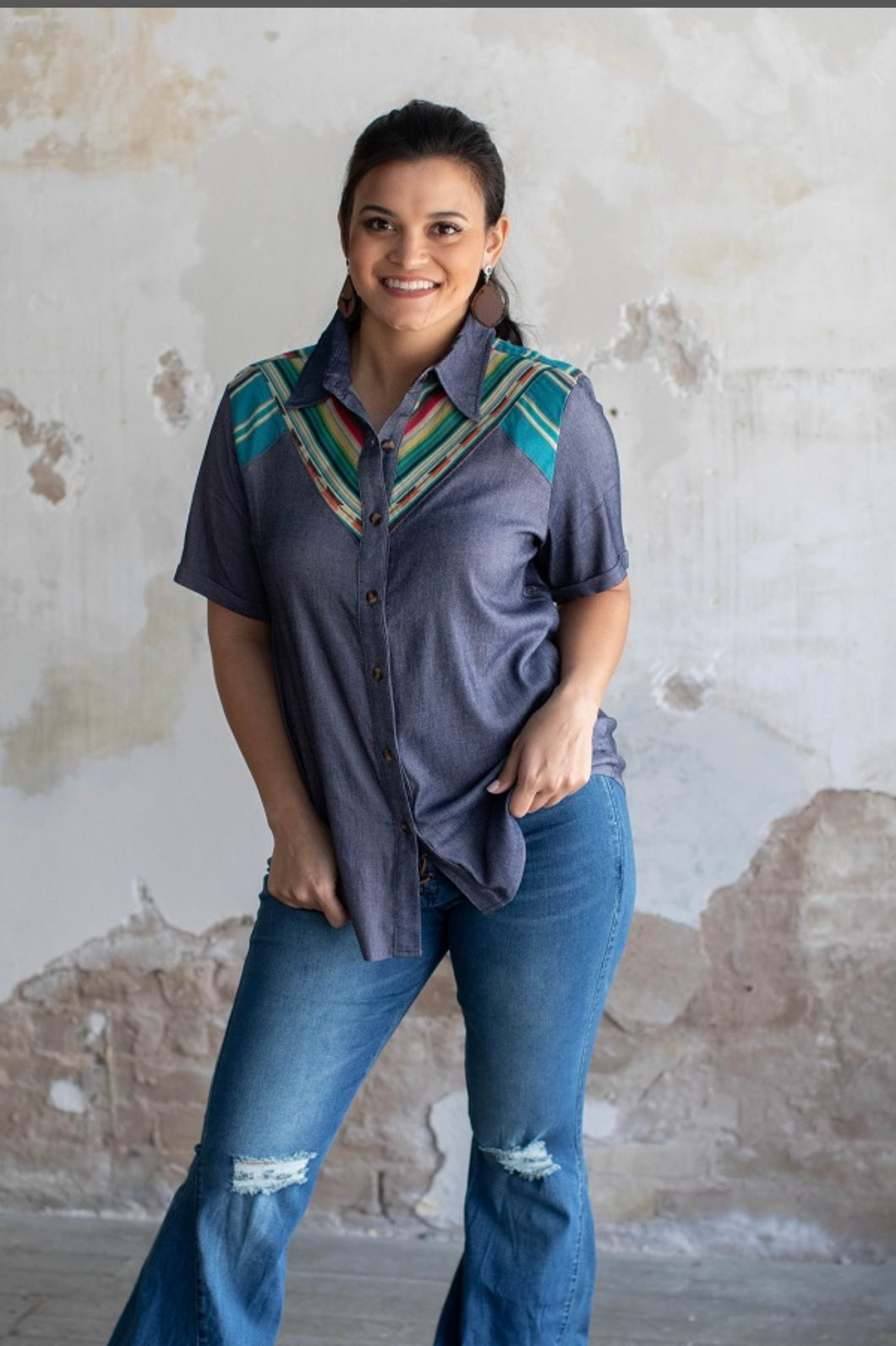 Dark Chambray With Teal Serape Yoke